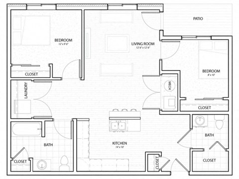 Floor plan for 2 beds, 2 baths, 927 sqft